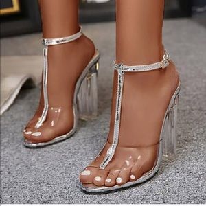 Silver T Strap Clear Block Heels